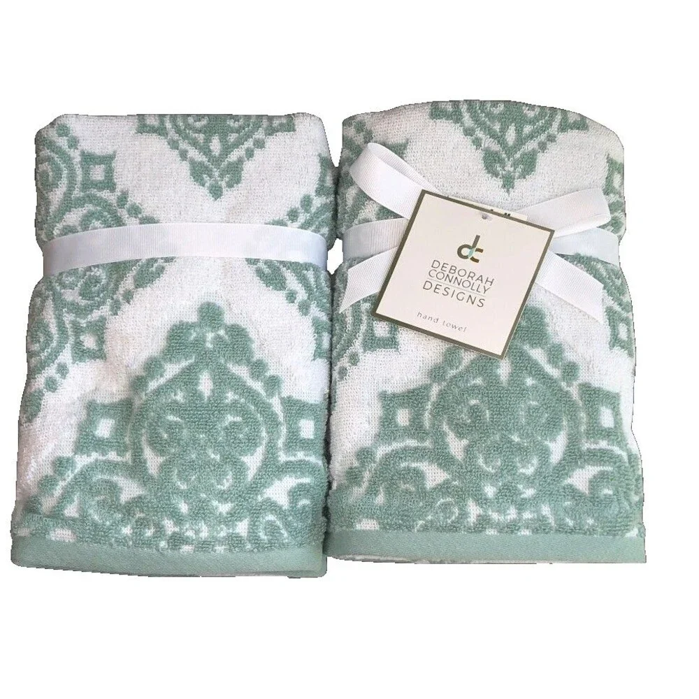 Deborah Connolly Hand Towels Chenille Sculptured Green Summer Beach Set of 2